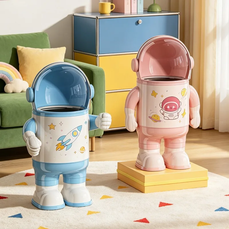 Cute Astronaut Wastebasket Flip Top Recycle Bin Trash Can Home Kitchen Garbage Cube Food Waste Storage Box Bathroom Accessories