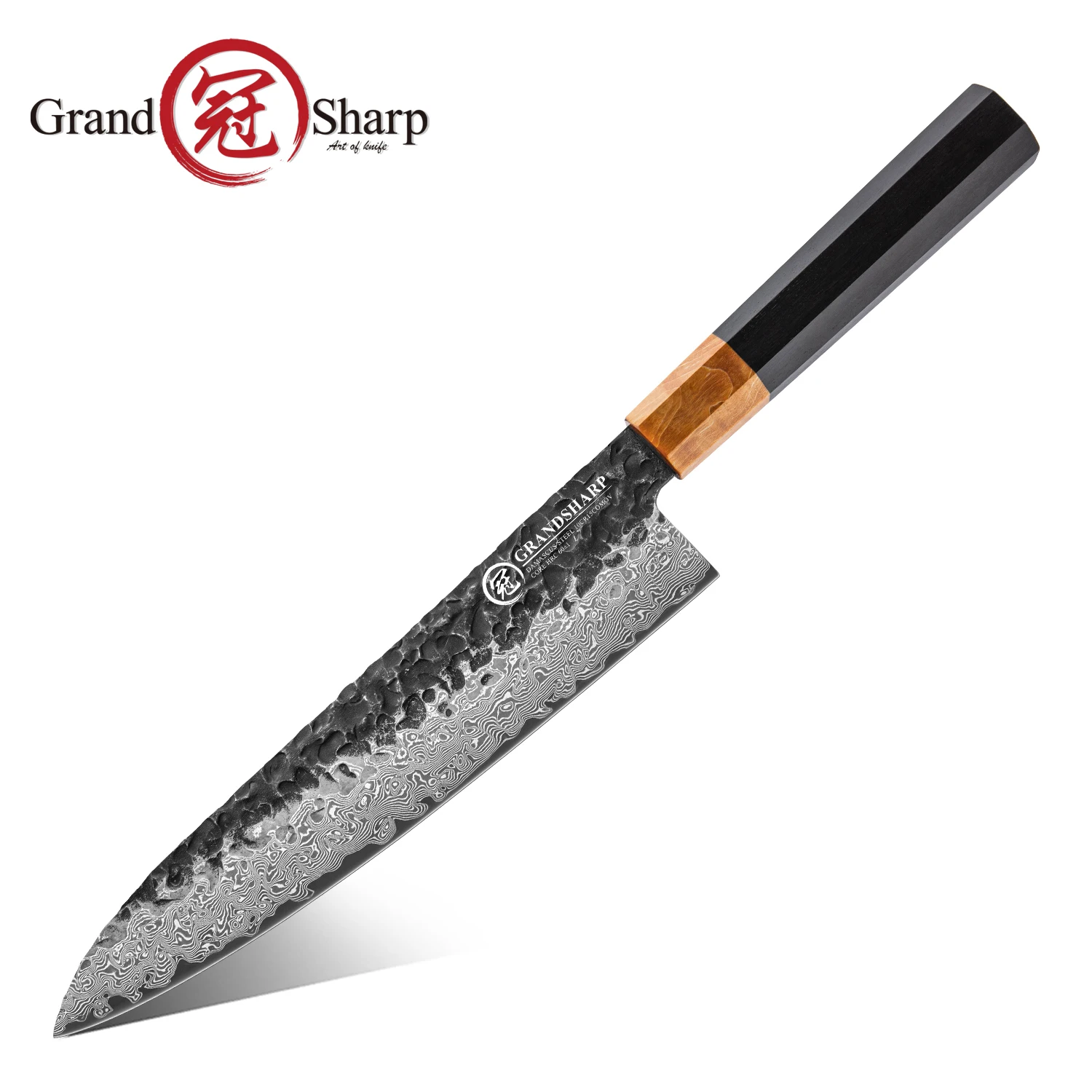 

Grandsharp 8-дюймовый кухонный нож шеф-повара 67-слойная ручка из дамасской стали и черного дерева для экспертной нарезки мяса и измельчения овощей