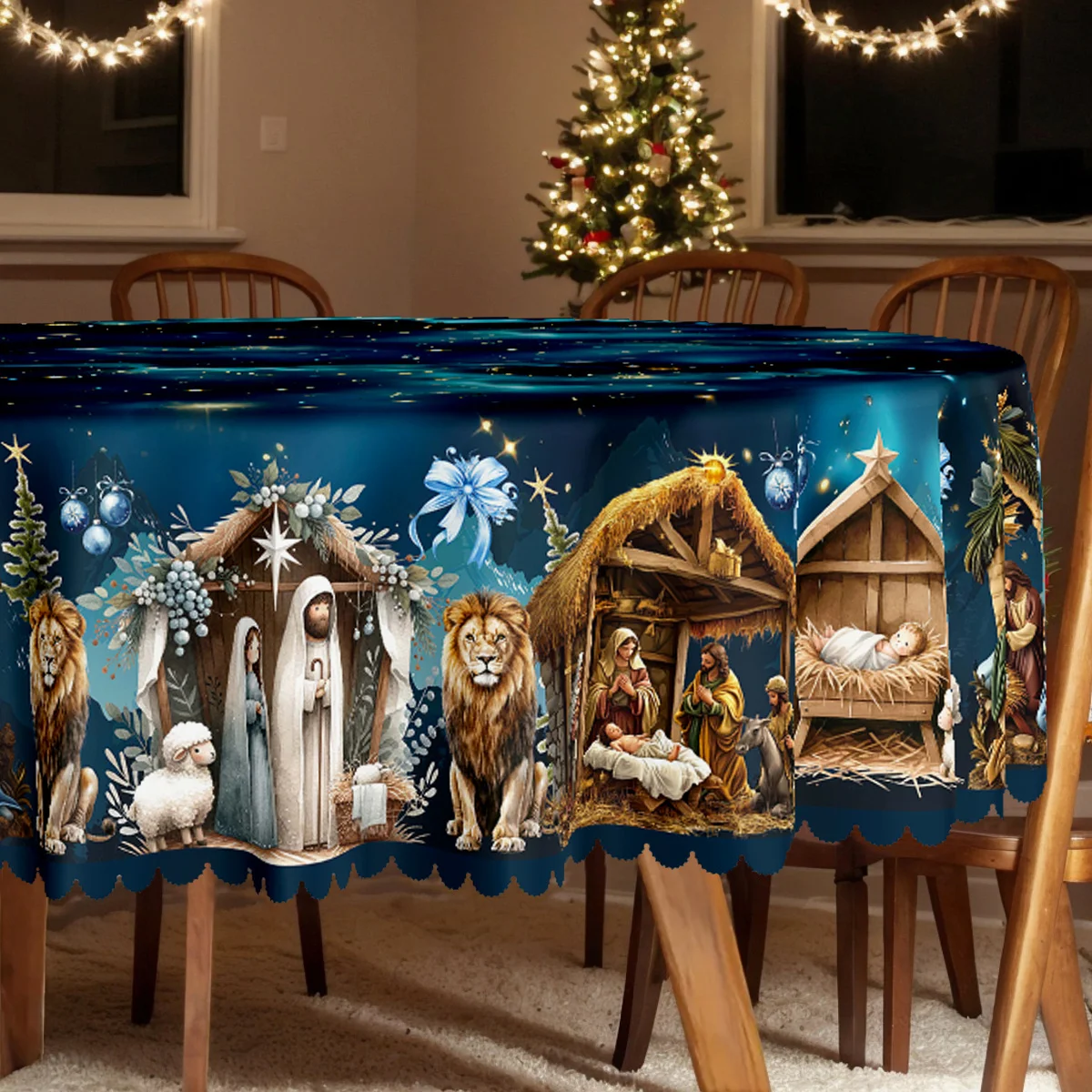 1 piece of Christmas nativity scene starry sky tablecloth - round or rectangular polyester tabletop covering with wavy edges