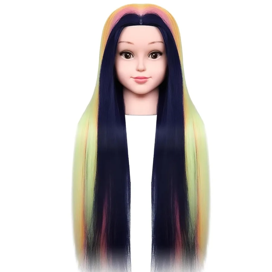 

Голова манекена с волосами для практики укладки длинных волос из синтетического волокна в косметологическом обучение включает держатель и инструменты для зажима