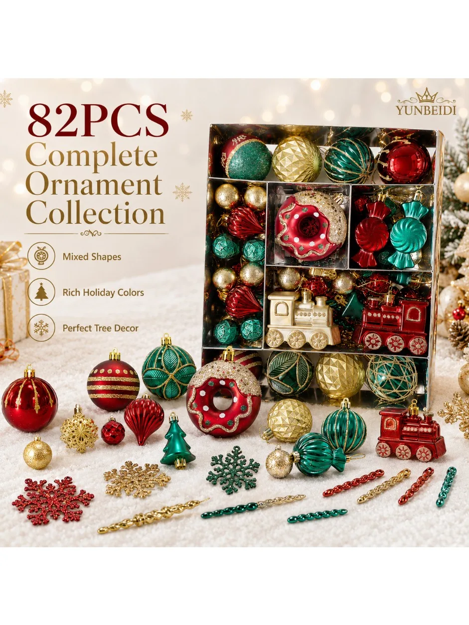 82-teiliges Weihnachtskugel-Set aus Kunststoff, Christbaumanhänger, Hängekugeln, DIY-Dekoration für Familienfeiern, Weihnachtsstimmung.