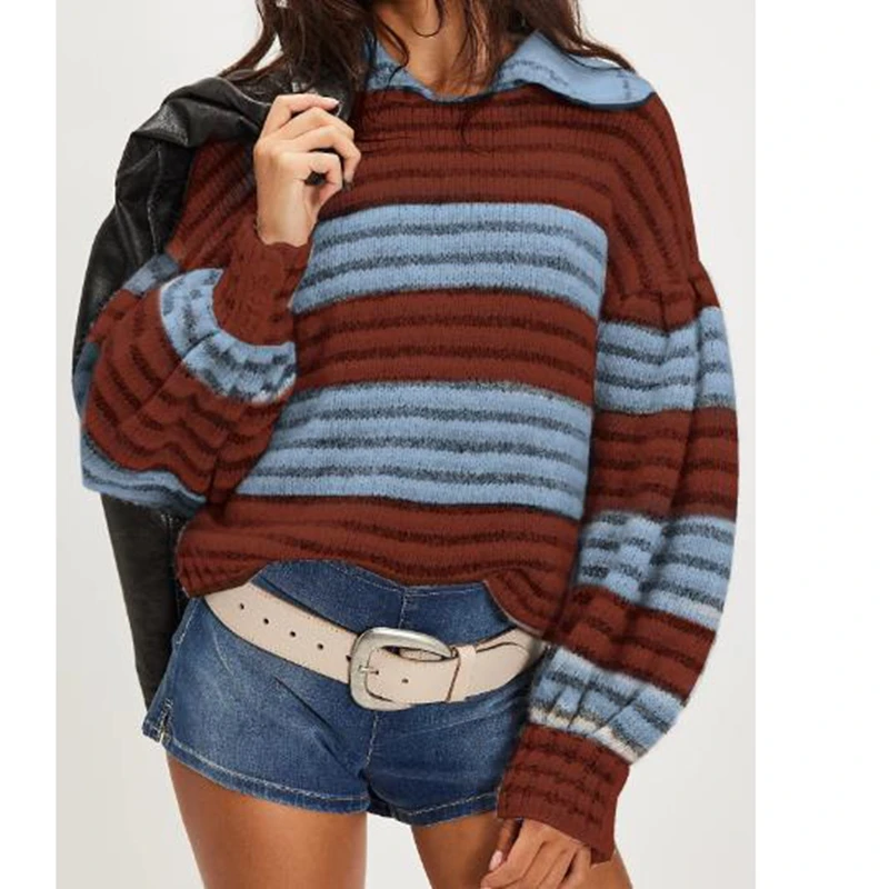 Women Striped Sweaters Loose Fit Long Sleeve Balloon Sleeve Pullover Multicolor Casual Tops Comfortable Fall Winter Sweaters