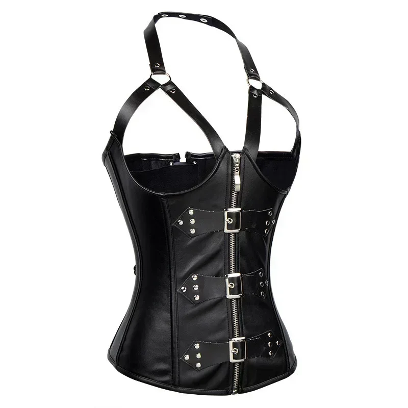 Faux Leather Underbust Corset with Garters Open Bust Zip Erotic Bustier Lingerie