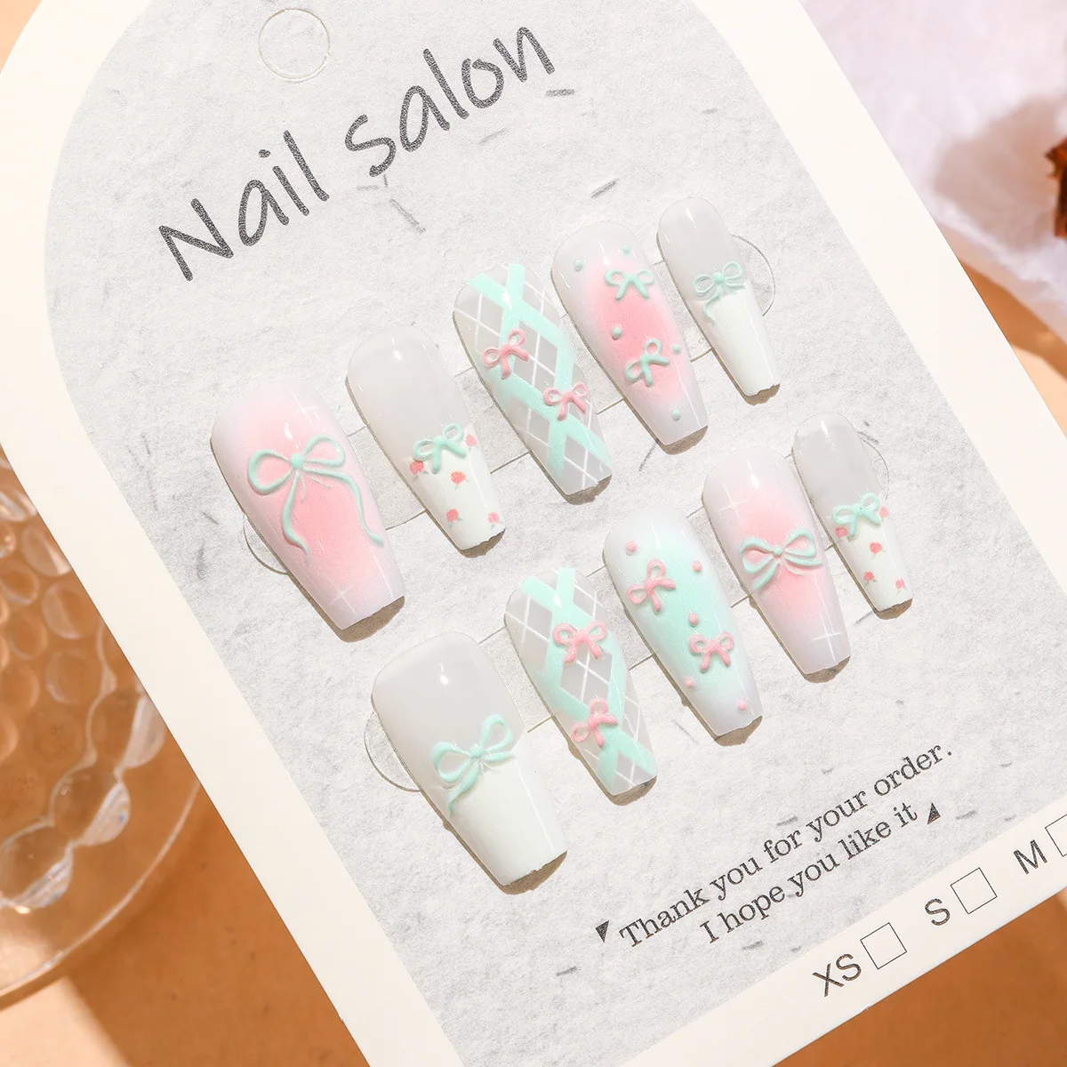 10pcs Pink Green Bowknot Handmade Wearable Nails Summer Macaron French Nail Art Sweet Cute Dreamy Long Girls Fake Nails Tips