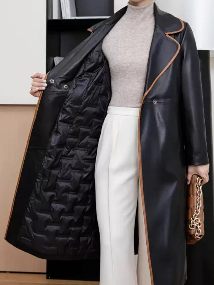 Winter Women Knee Length Real Sheepskin Down Coat Fox Fur Collar Detachable Overcoat Single Button Sashes Slim Fit Windbreaker