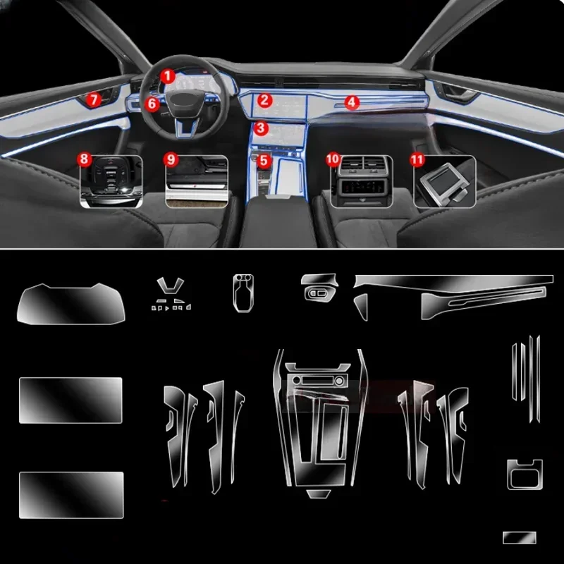 For Audi A6 A7 C8 2019-2023 2024 Car Interior Piano Board Protection Film TPU Transparent Self-adhesive Paint Anti Scratch Refit