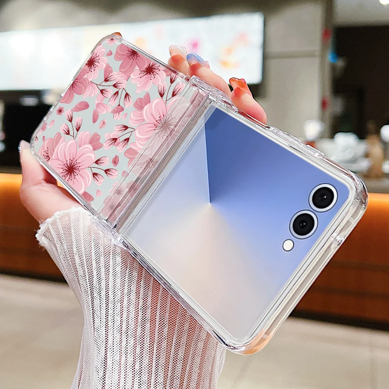 Pink Flower Printed Phone Case For Samsung Galaxy Z Flip7 Flip6 Flip5 Flip4 Flip 7 FE 6 5 3 5G Clear Hard PC Folding Back Cover view 2
