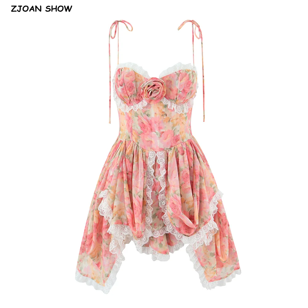 Sexy Pink Orange Gradient Floral Print 3D Flower Spliced Lace Short Sling Dress Women Cascade Ruffles Irregular Dresses Vestidos