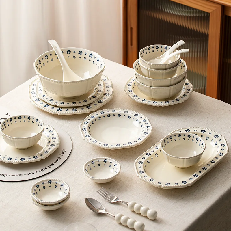 1PC Keramik Geschirr Retro Blau Kirschblüte Haushalt Reis Schüssel Gemüse Platte Nische Schüssel Set Nette Schüssel