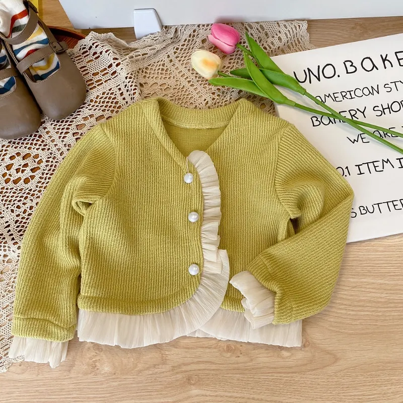 Fashion Baby Girl Princess Lace Cardigans Infant Toddler Child Ruffled Pearl Buttons Casual Coat Spring Autumn Baby Clothes 1-7Y