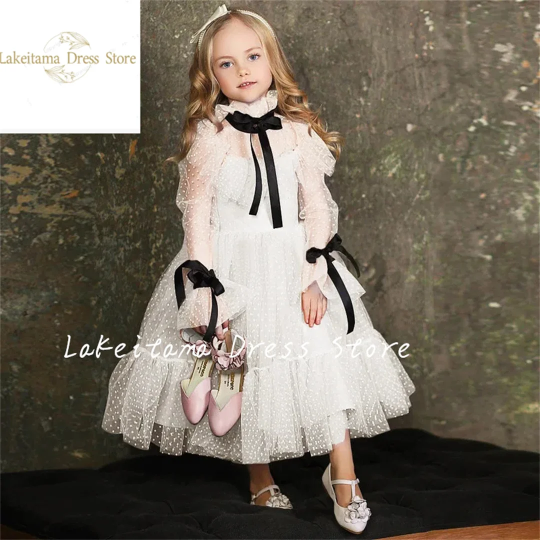 Light Pink Flower Girl Dresses Tulle With Bow Half Sleeve For Wedding Birthday Party Banquet Princess Gowns