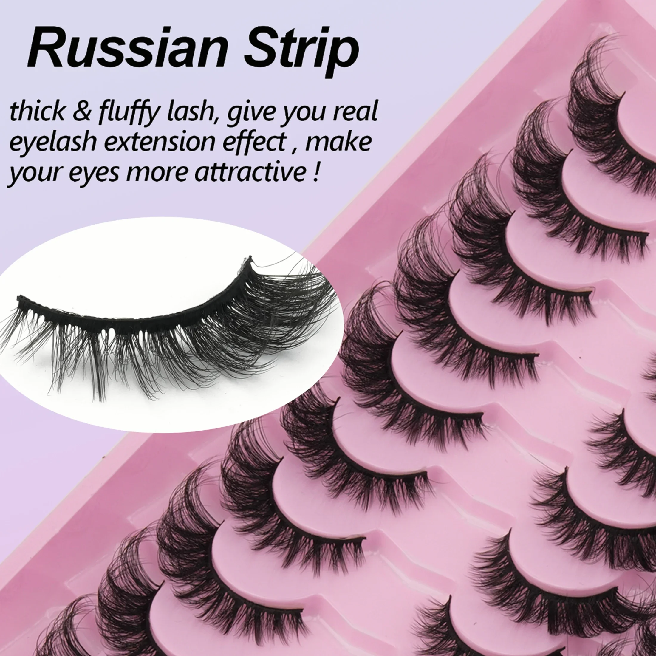 20 Pairs Russian Strip Lashes DD Curl Cross Design Fluffy Faux Fur Hard Black Band Reusable False Eyelashes Dramatic Lash Look F