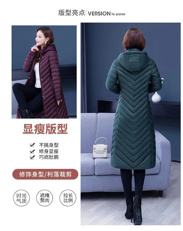 NEW Middle-aged Womens Down Cotton Coat Winter Long Warm Quilted Cotton Jacket Female Casual Hooded Parka Overcoat Purple 5XL
