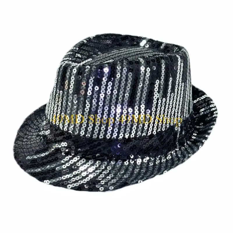 49MD Luxurious Sequins Accent Bowler Hat Stage Dance Performances Hat Glitter Costume Unisex Headwear for Evening Occasion