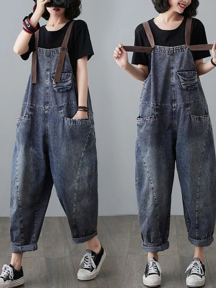 

Loose Casual Wide Leg Overalls for plus Size Women Spring Autumn Denim Artistic Slimming Nine-Piece Jumpsuits Wool Blend