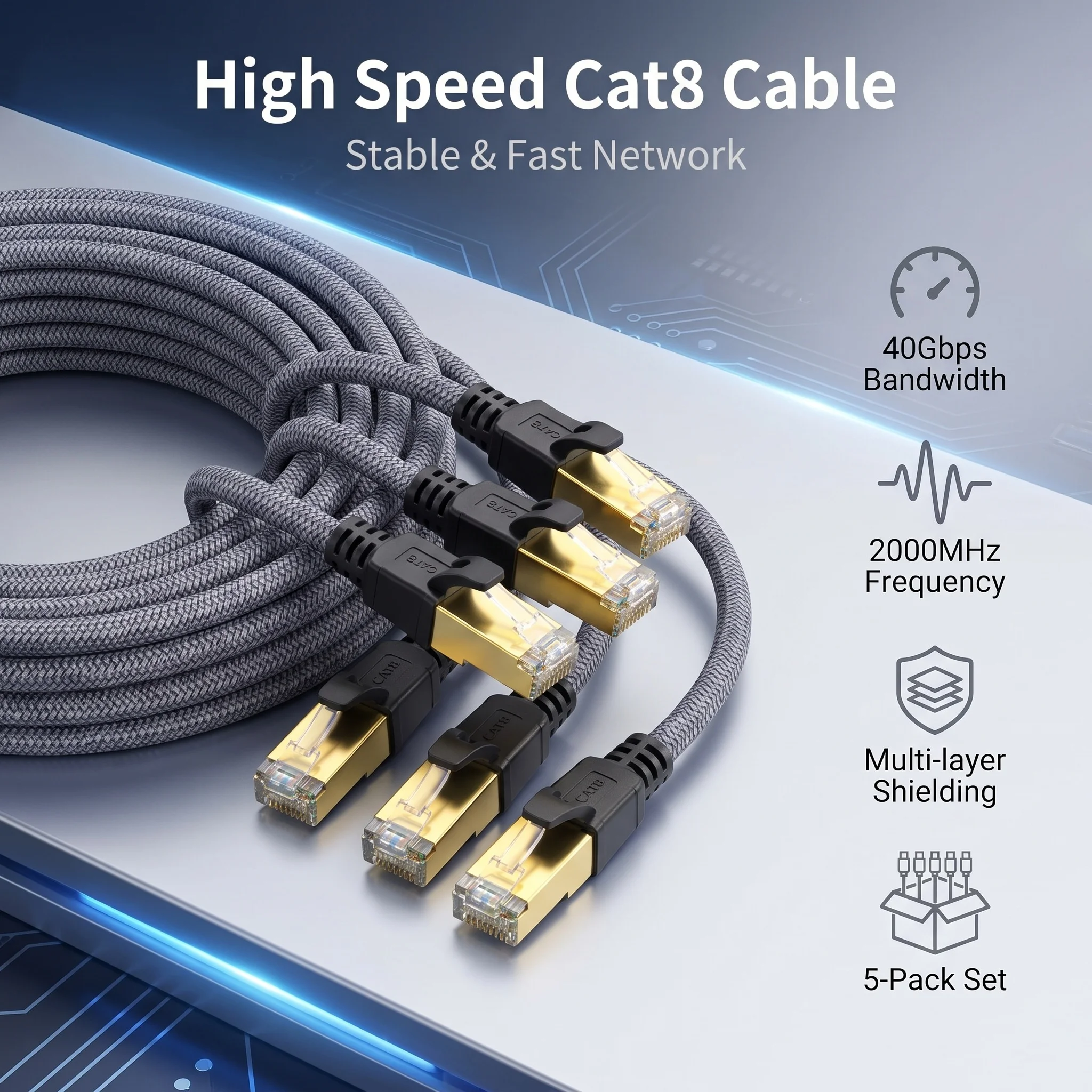 1/5-Pack CAT8 Flat Network Cable 40Gbps Nylon Braided LAN Cord for PC Modem Laptop PS5 NAS - High-Speed Data Transfer