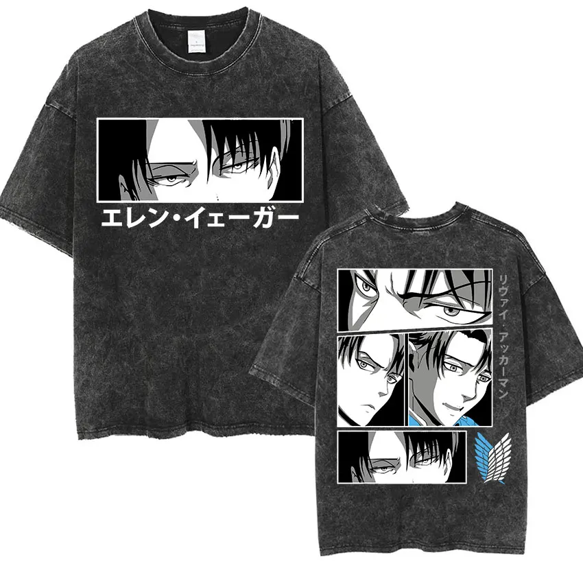 Manga Attack On Titan Levi Ackerman Graphic Tshirt Men Women Clothing High Quality Cotton T-shirt Harajuku Male Retro Washed Tee