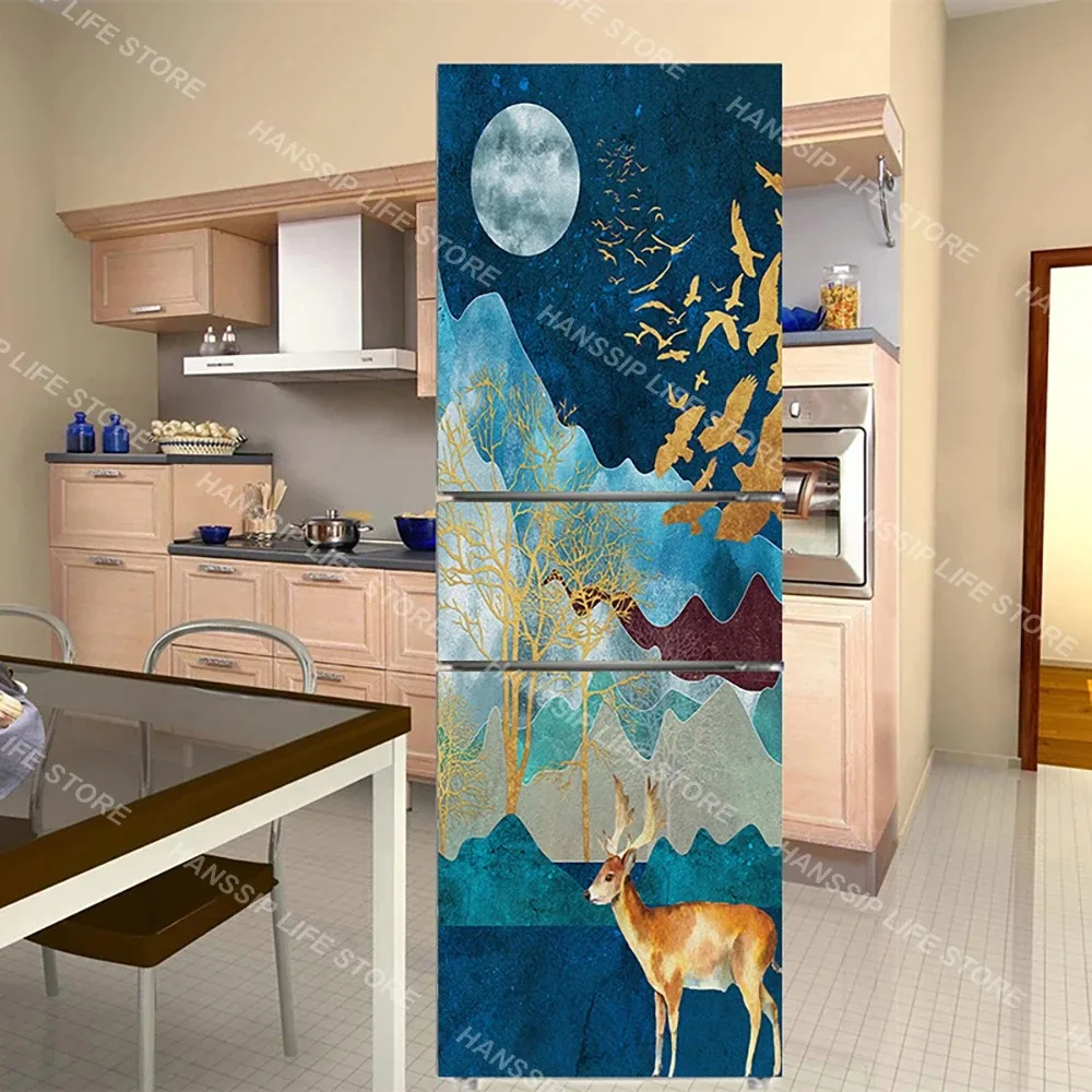 Chinese Ink Art Refrigerator Stickers Self Adhesive Waterproof Anti Scratch Fridge Door Cover for Home Interior Decoration