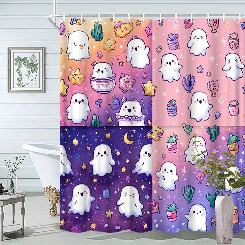 

"Cute Ghosts Shower Curtain - Halloween Themed Design with Cacti & Stars | Waterproof Bathroom Decor for Kids & Party Lovers"