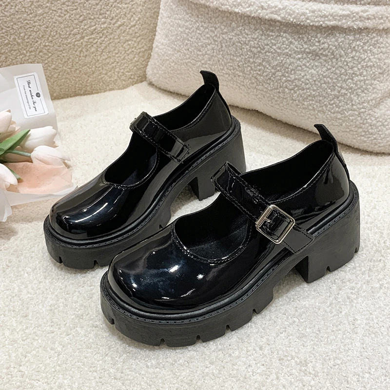 Thick-soled Small Leather Shoes for Women's Spring 2025 New Retro Round Head One-word Buckle Single Shoes