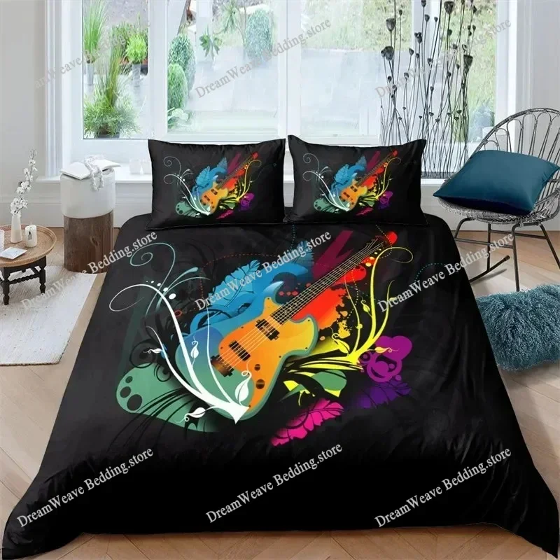 Guitar Queen Duvet Cover Rock Music Theme Bedding Set Grunge Color Splashed Brick Wall Background Electronic Guitar Mics Design5