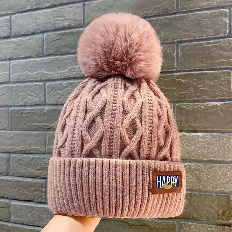 Korean Knitted Cold Hats Faux Fur Embroidery Letter Beanie Female Soft Solid Color Crochet Cap Winter Plus Velvet Warm Wool Hat