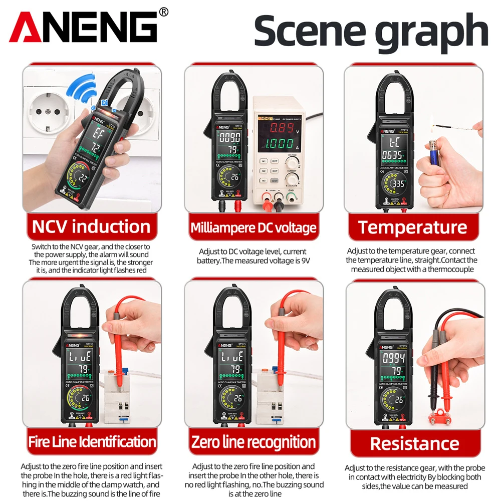 ANENG ST213 Pinza amperometrica digitale Corrente CC/CA 6000 Conti 400A Amp Multimetro Tester di tensione per schermo a colori di grandi dimensioni