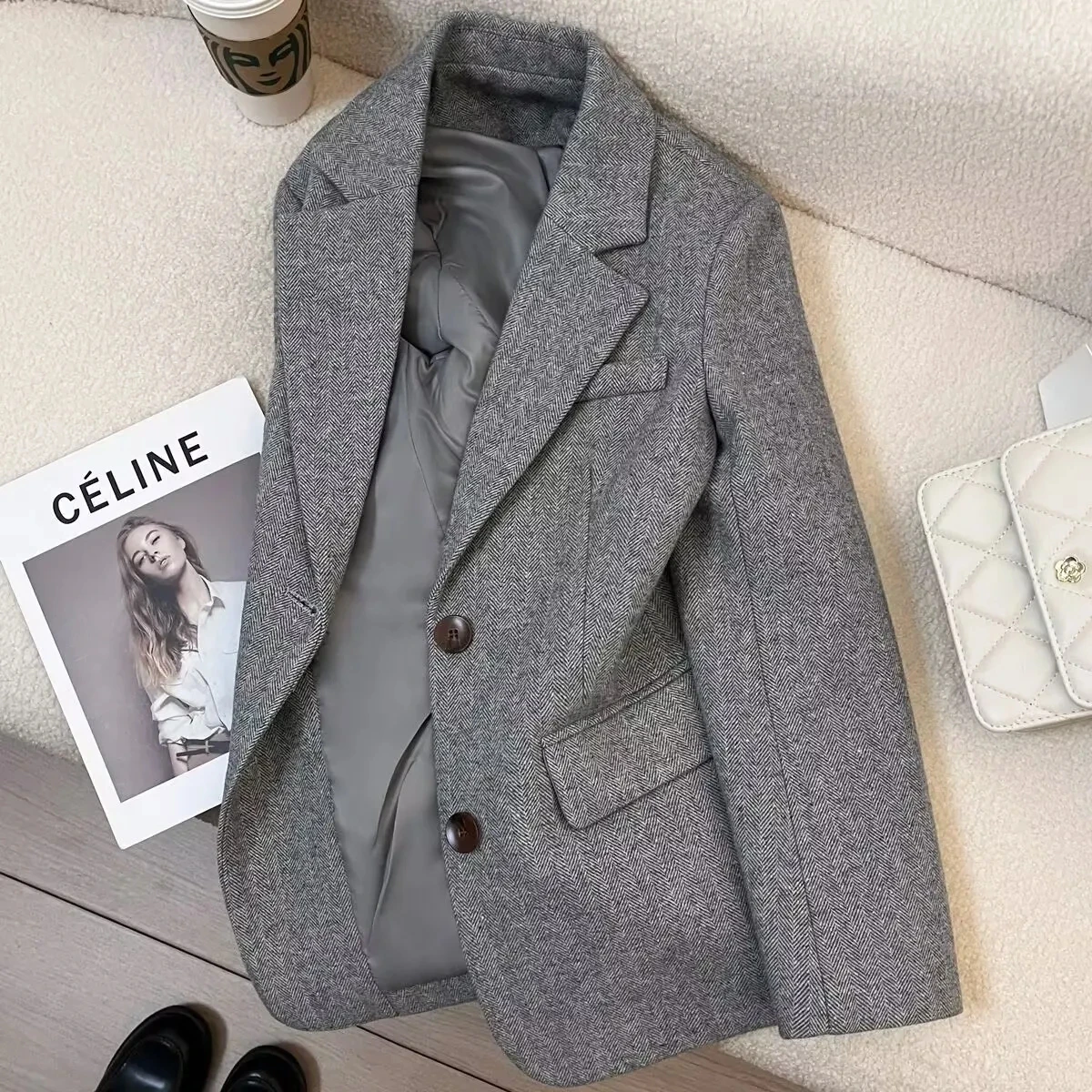 Grey Herringbone Pattern Woolen Suit Jacket for Women 2026 New Autumn Winter Retro Commuting Casual Top Female Single Breasted