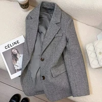 Grey Herringbone Pattern Woolen Suit Jacket for Women 2026 New Autumn Winter Retro Commuting Casual Top Female Single Breasted