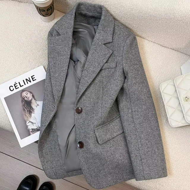 Grey Herringbone Pattern Woolen Suit Jacket for Women 2026 New Autumn Winter Retro Commuting Casual Top Female Single Breasted Grey Herringbone Pattern Woolen Suit Jacket for Women Autumn Winter Retro Commuting