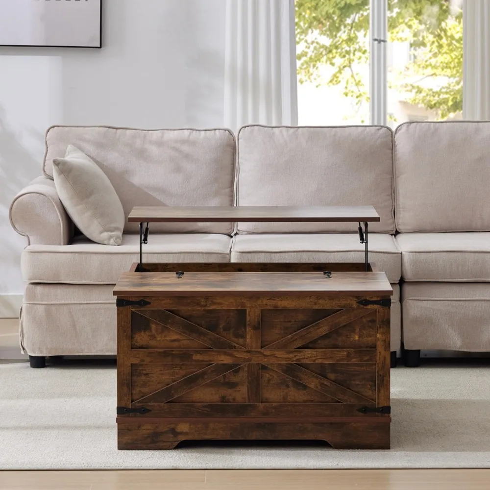 طاولة قهوة المزرعة مع مساحة تخزين مخفية كبيرة، طاولة مركزية خشبية مربعة ريفية مع سطح رفع مفصلي، حواف معدنية، بني