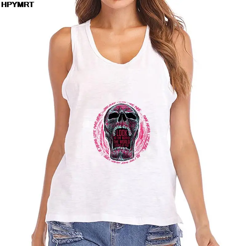 Women Summer Street Fashion spoof offbeat graphics skull head Prints Sleeveless fitness sports shirt Casual sexy White Tank Top