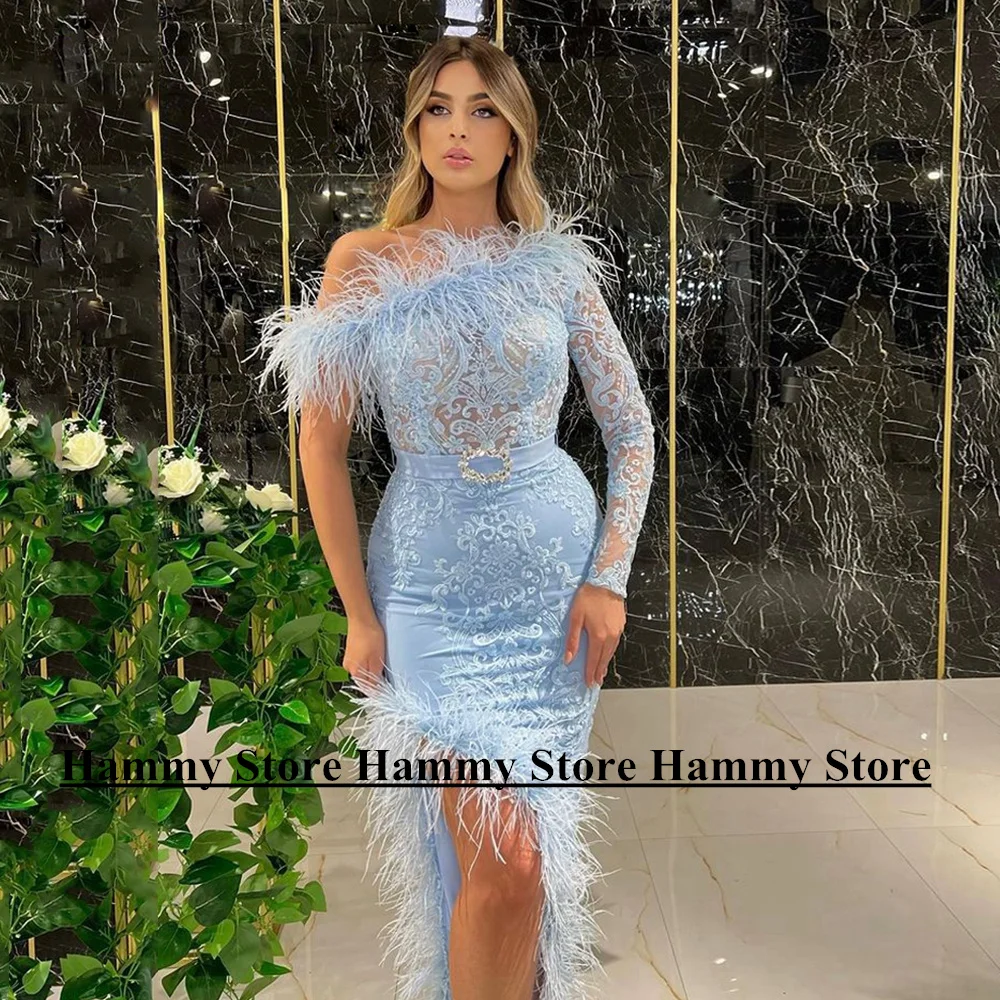 Champagne Lace Memaid Evening Dress Customized Long Sleeve Applique Ankle Length Belt Robe De Soiree Feathers Prom Party Gown