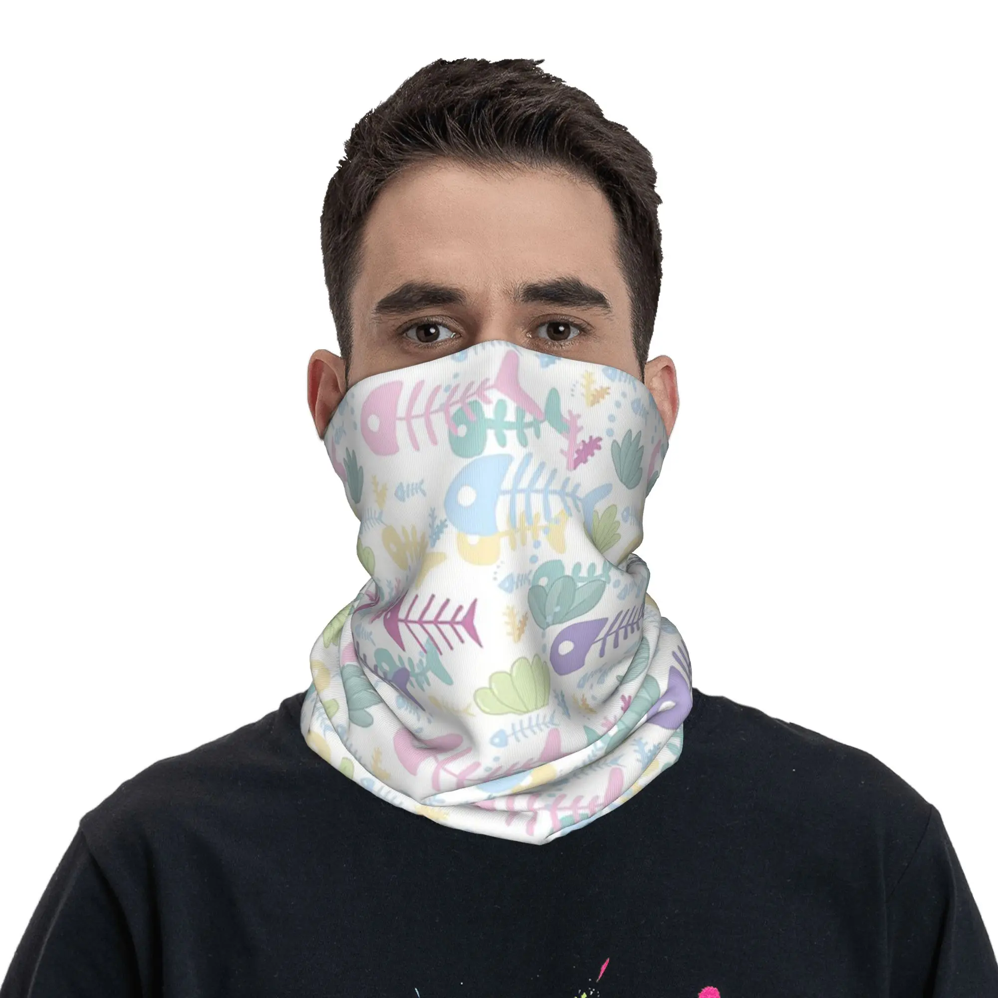 Fish Bone Under Sea White Pattern Bandana Neck Cover Printed Mask Scarf Multi-use Cycling Scarf Hiking Fishing Unisex Adult