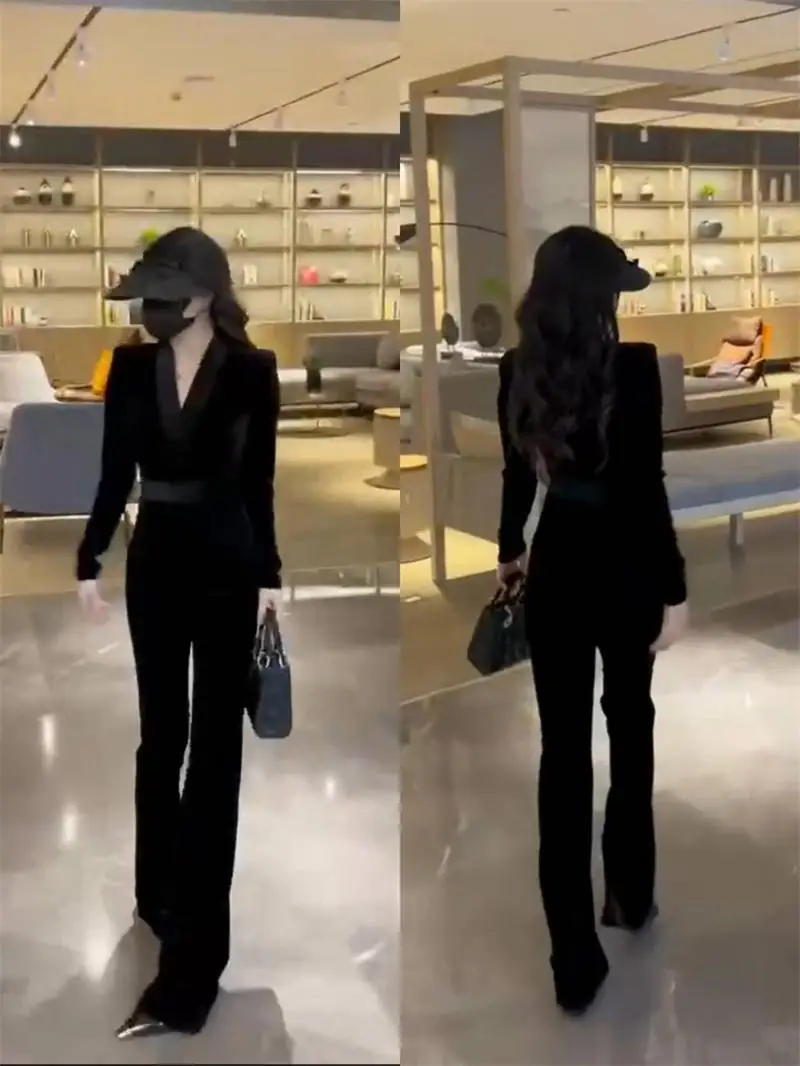 

Ele Bla бархатный комбинезон женский с высокой талией Slim Fit Long Sve V-Ne осень-зима модные широкие брюки для поездок на работу