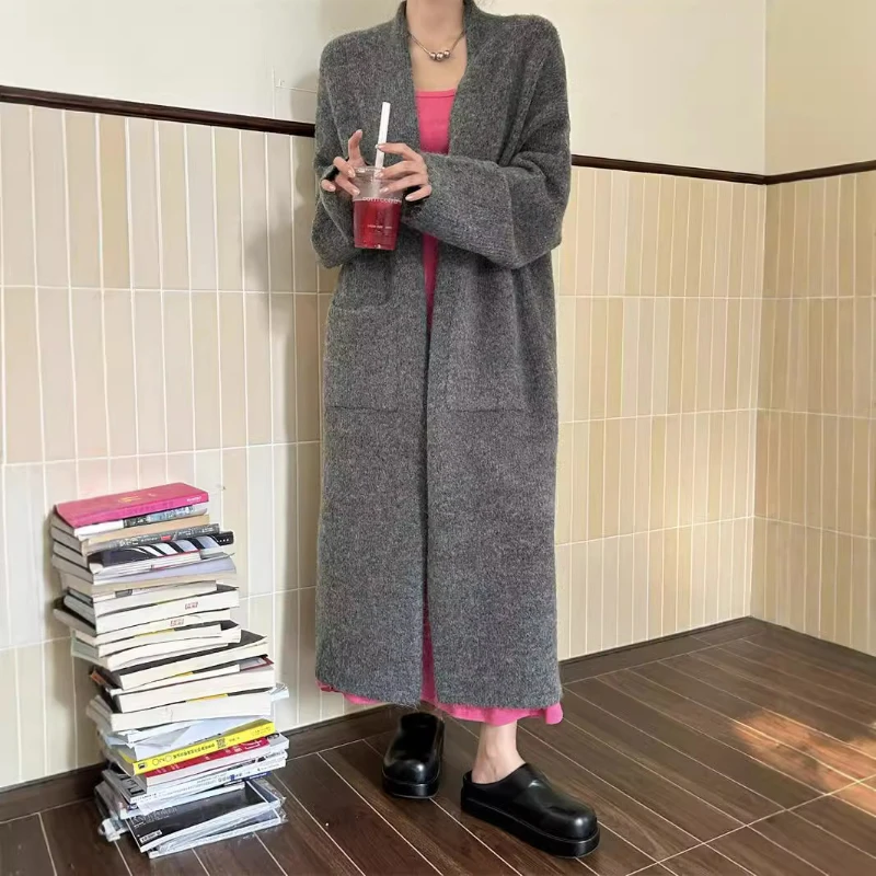 

Длинный кардиган, женский вязаный свитер, теплые толстые джемперы, винтажные свитера с v-образным вырезом и длинными рукавами, с открытой строчкой и карманами, однотонные зимние