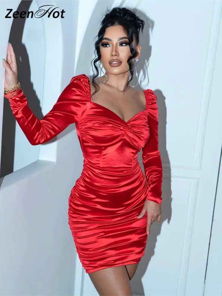 女性のためのセクシーなタイトなサテンドレス,長袖,レッド,無地,ハート型のネック,ミニ,イブニング,クラブ,新しいコレクション2022
