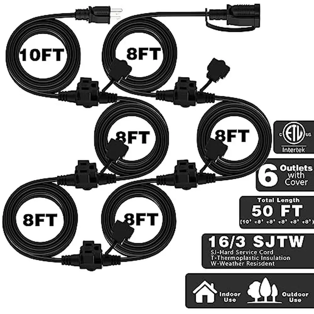 Outdoor Extension Cord 50 FT 6 Outlets Plugs Weatherproof Landscaping Light Holiday Multiple Appliances Power Orchestra Stage