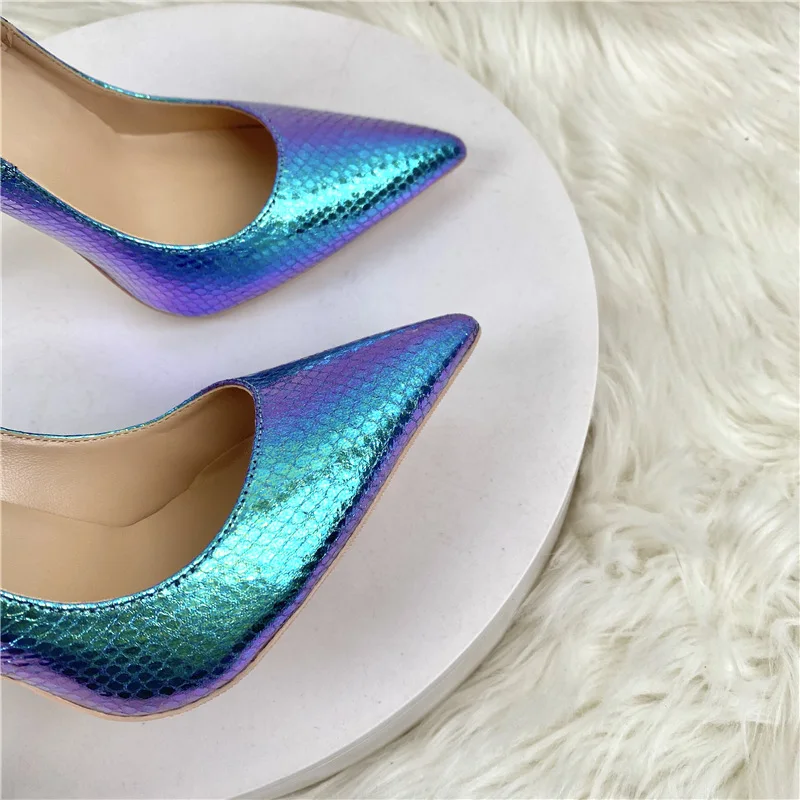 Heelgoo Laser Blue Embossed Snakeskin Women Sexy Pointy Toe High Heel Shoes Gorgeous Evening Club Party Dress Stiletto Pumps