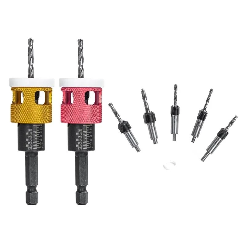 Pack of 5 Shank Countersink Drill Bits with Adjustable Depth Stop Tapered Bits for DIY Projects and Professional Use M4YD