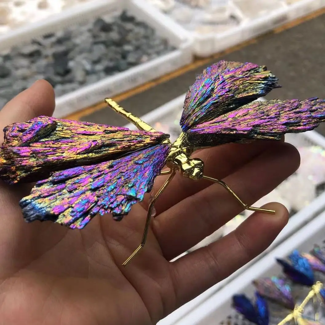 

1pc Natural Black Tourmaline Electroplating Dragonfly Spar Crafts Ornaments Color Plating Crystal Butterfly Home Decoration