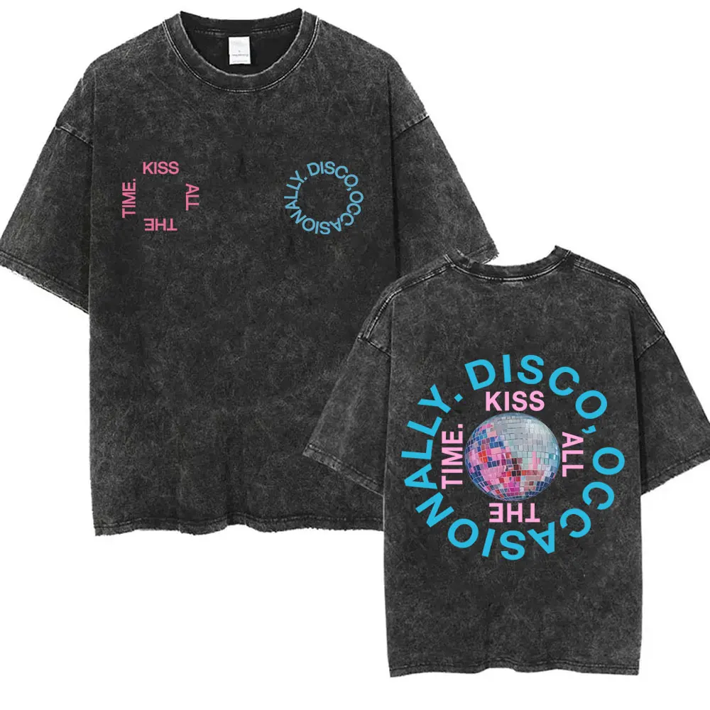 Kiss All The Time Disco Occasionally Vintage Washed T-shirt Men Women Fashion Hip Hop Oversized Streetwear Men's Casual T Shirts