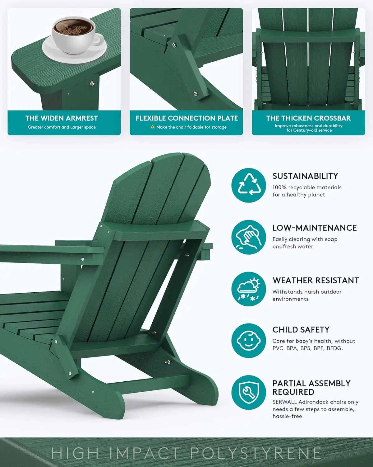 Foldable Adirondack Chair Set Of 4 For Patio Garden Outdoors Fire Pit-Green