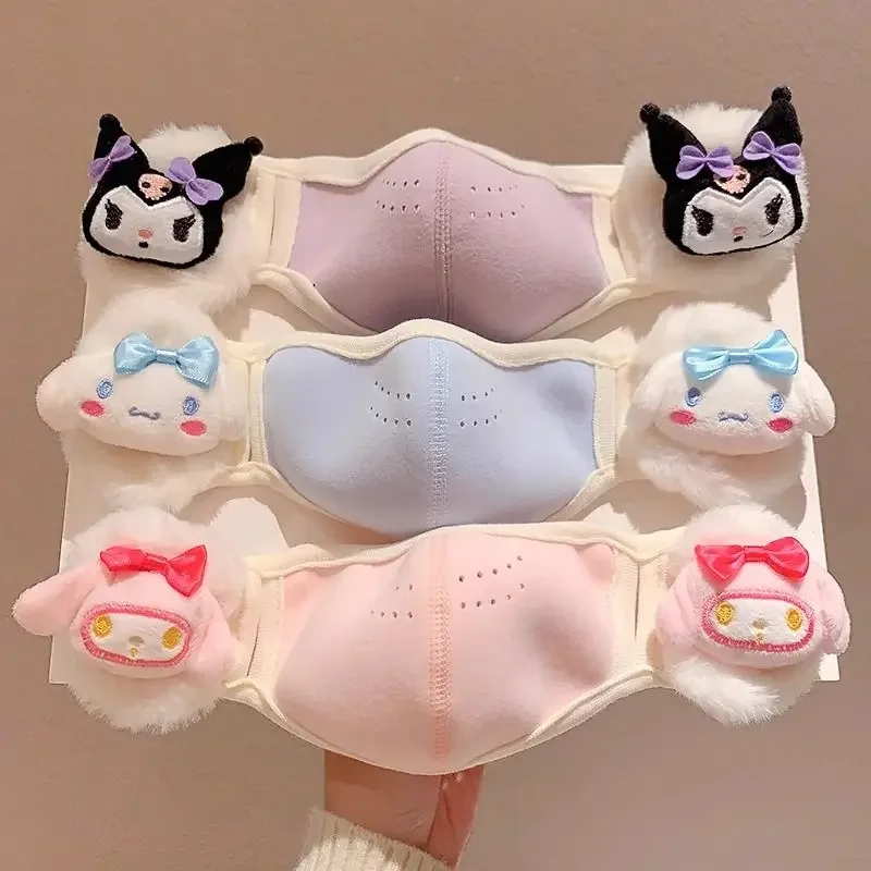 Sanrio Cute Cotton-filled Kuromi Mask with Integrated Earmuffs My Melody Warm Ear Protection Children Thickened Mask Ear Bag