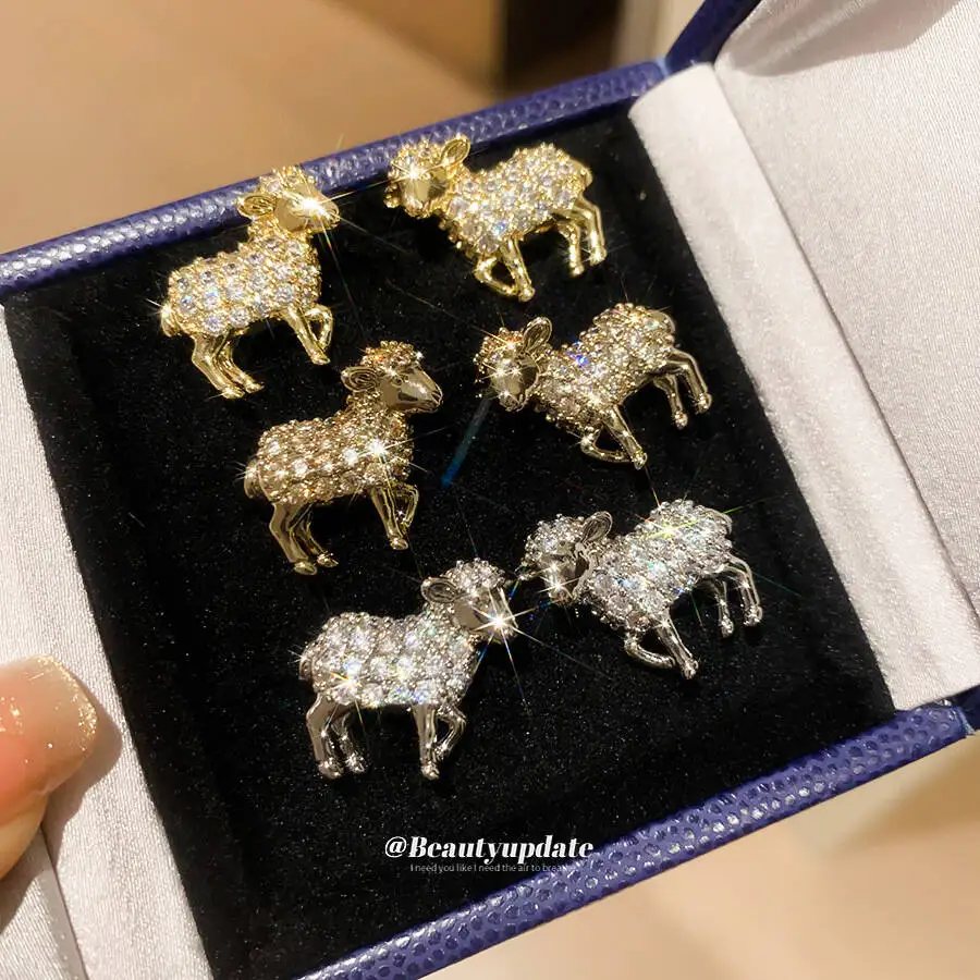 14K Gold Plated Ultra Sparkling Cubic Zirconia Small Sheep Shaped Earrings Exuding Luxurious Sophisticated Vibe With A