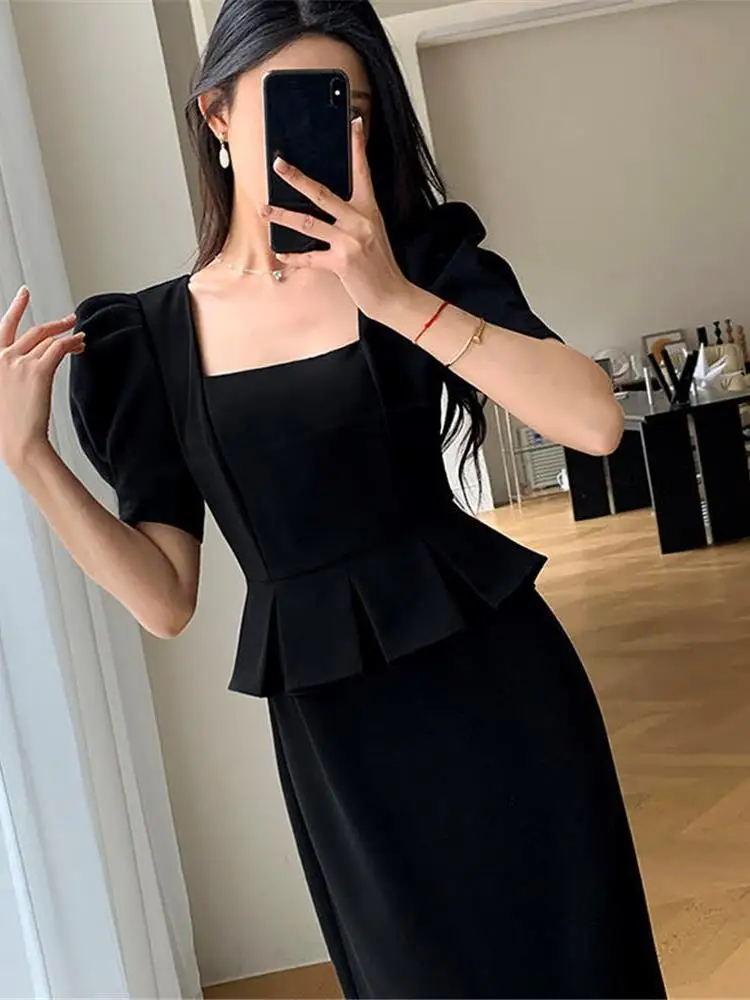 우아한 여름 긴 드레스 여성의 높은 허리 버블 슬리브 스퀘어 칼라 슬리밍 a 라인 가운 한국 스타일 폴리 에스터 섬유