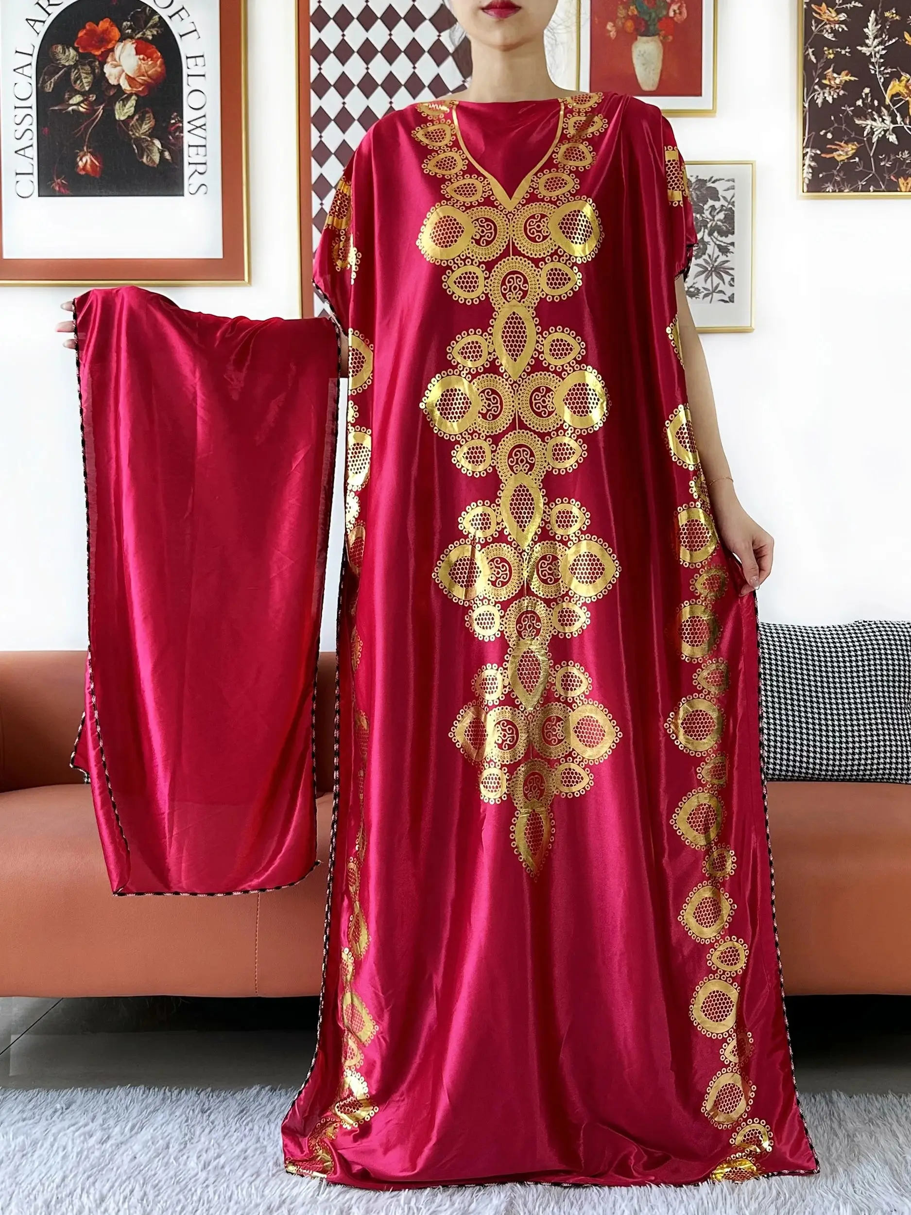2025 New Summer Short Sleeve Robe Loose Lady Dress Oiled Cloth Gold Stamping Boubou Maxi Islam Women African Abaya Clothing - Image 3