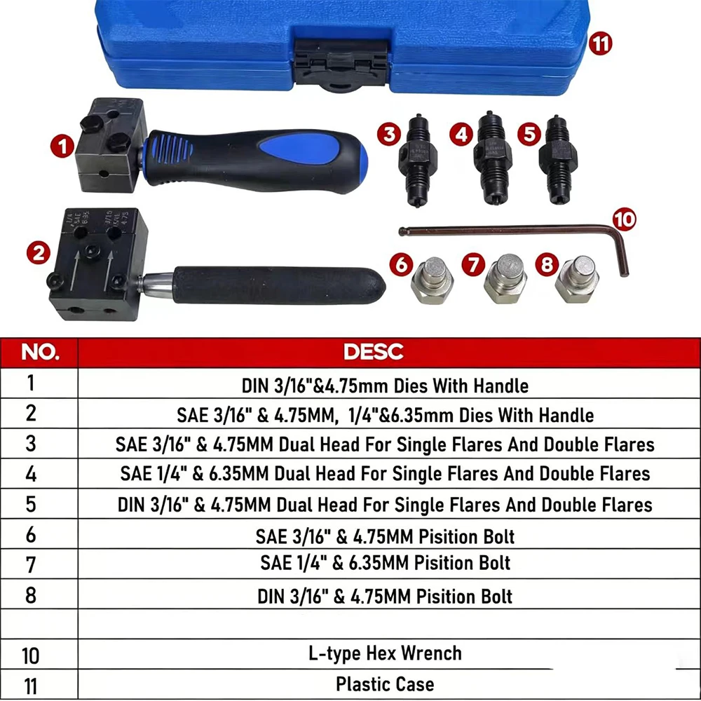 Dual Flare Brake Line Tool Kit 11PCS Create Leak-Proof Flares for 4.75mm/6.35mm Metal Pipes Fitting Tool Set - view 3