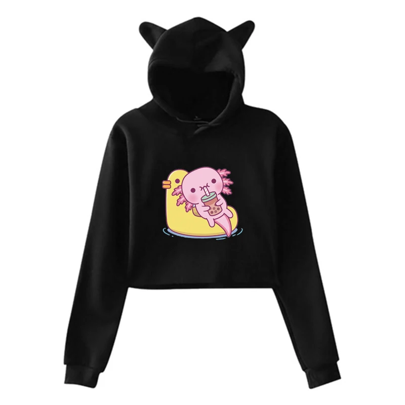 Cute Axolotl Boba Tea Graphic Printed Hoodie Women Fashion Kawaii Cropped Cat Ear Pullover Casual Long Sleeve Y2k Sweatshirt