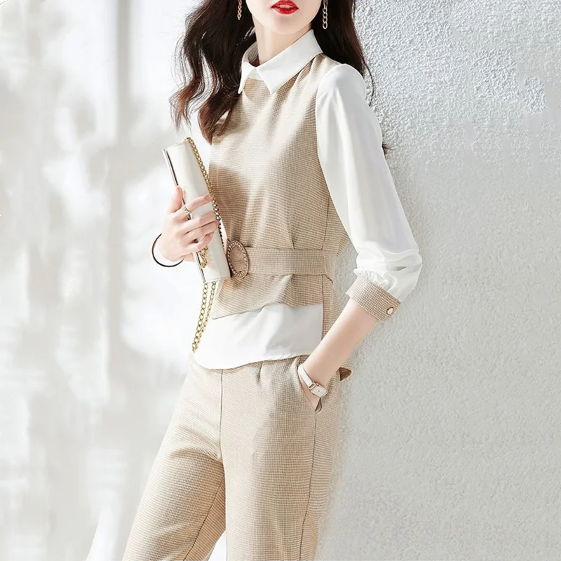 Patchwork Elegante All Match Vrouwen Broek Sets Voor De Lente Herfst 2023 Nieuwe Mode Draai Kraag Slanke Vrouw 2 Stuks Outfits